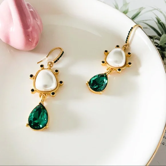 Oscar de la Renta Faux Pearl with Crystal Drop Earrings Green